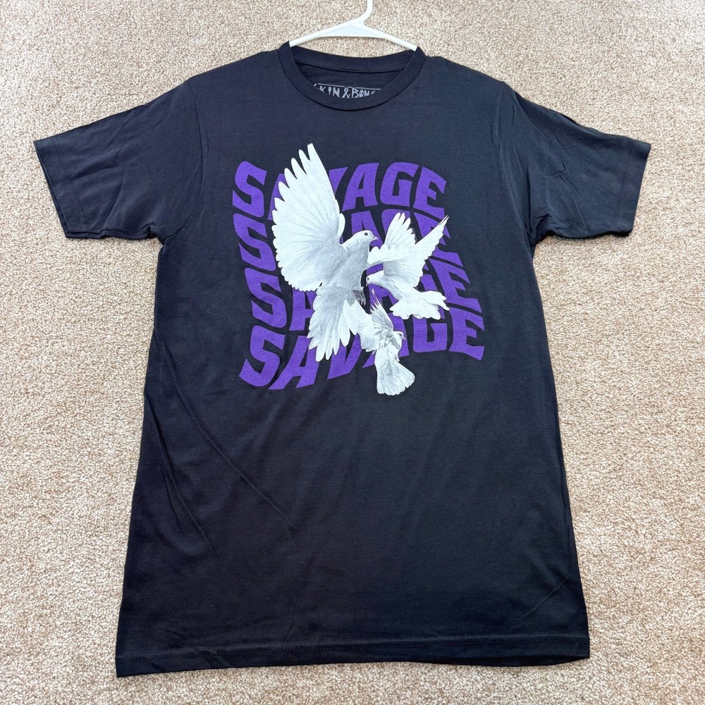 Skin & Bones Mens Savage Doves Graphic T-Shirt Black Purple Size S 100% Cotton